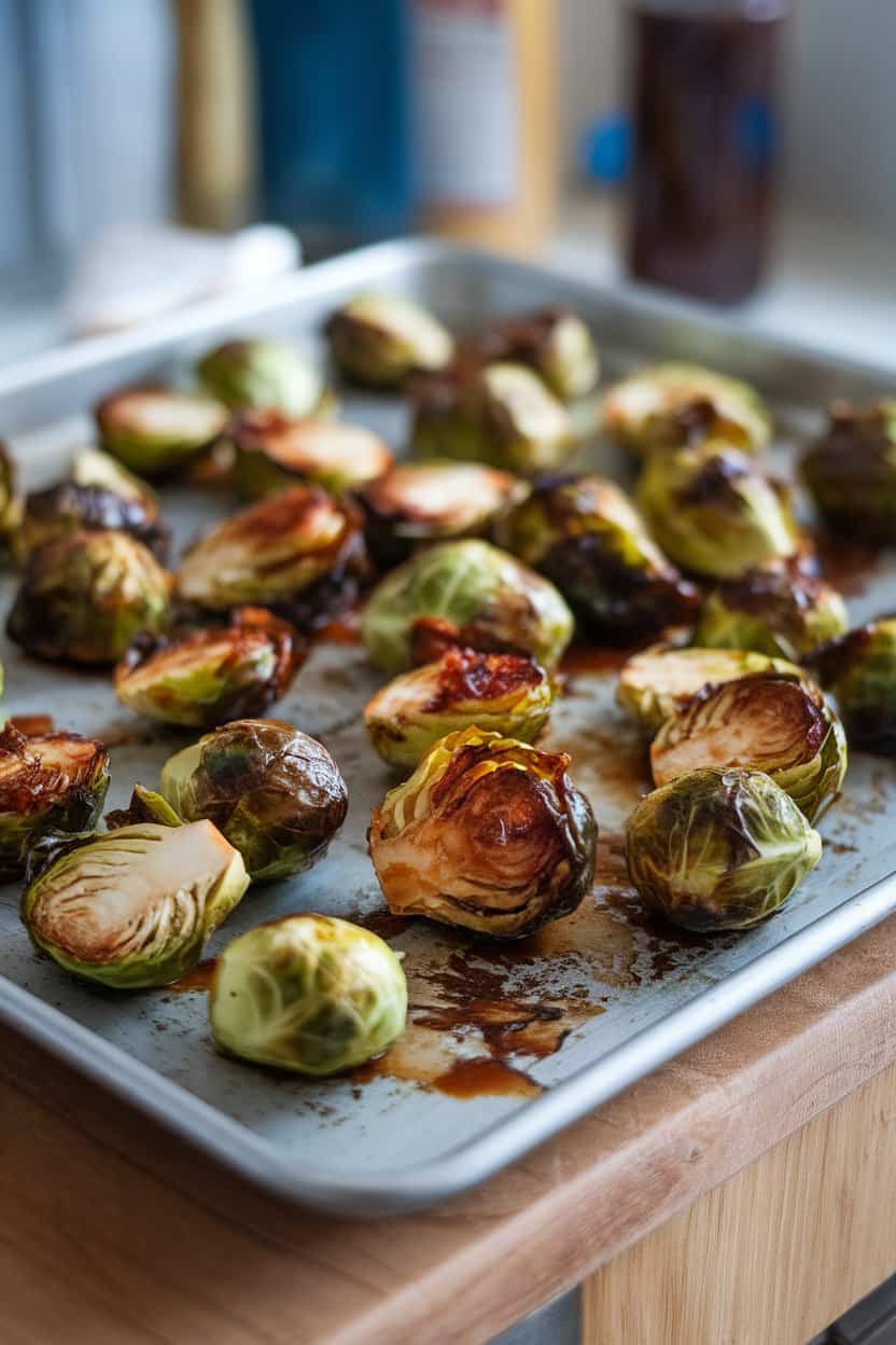 An indoor baking sheet of roasted Brussels sprouts glazed with a reddish sauce, caramelized edges visible. No text or logos.