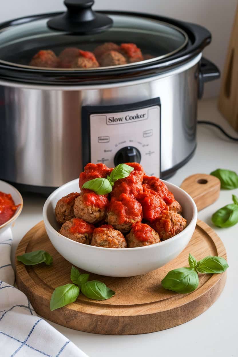 An indoor kitchen counter with a bowl of cooked turkey meatballs coated in red marinara, garnished with basil. Slow cooker lid ajar behind; no text or logos.
