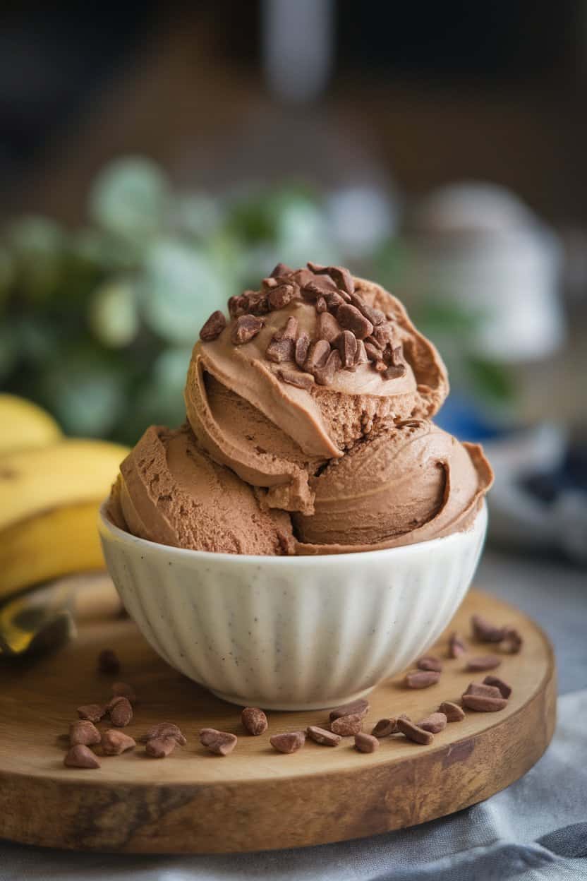 Indoor photo of a small bowl of creamy chocolate banana nice cream topped with cocoa nibs; soft dessert lighting, no text or logos
