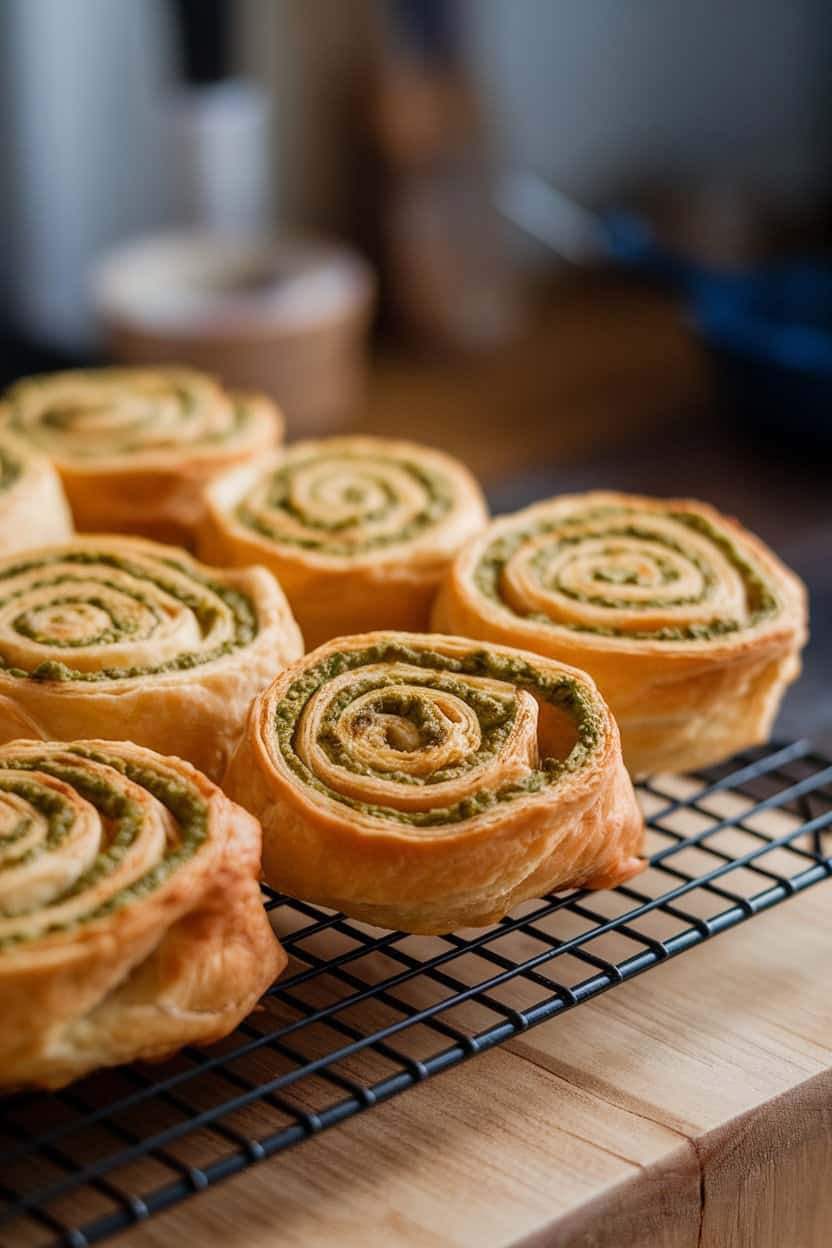 Indoor photo of golden puff pastry pinwheels swirled with green pesto on a cooling rack. No text or logos.