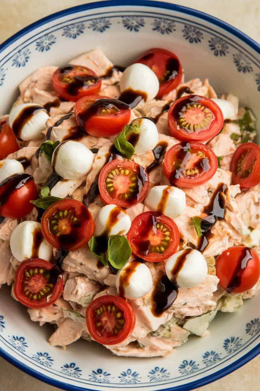Indoor photo of chicken salad with cherry tomato halves, mini mozzarella pearls, and basil ribbons, drizzled lightly with balsamic, in a porcelain bowl—no text or logos