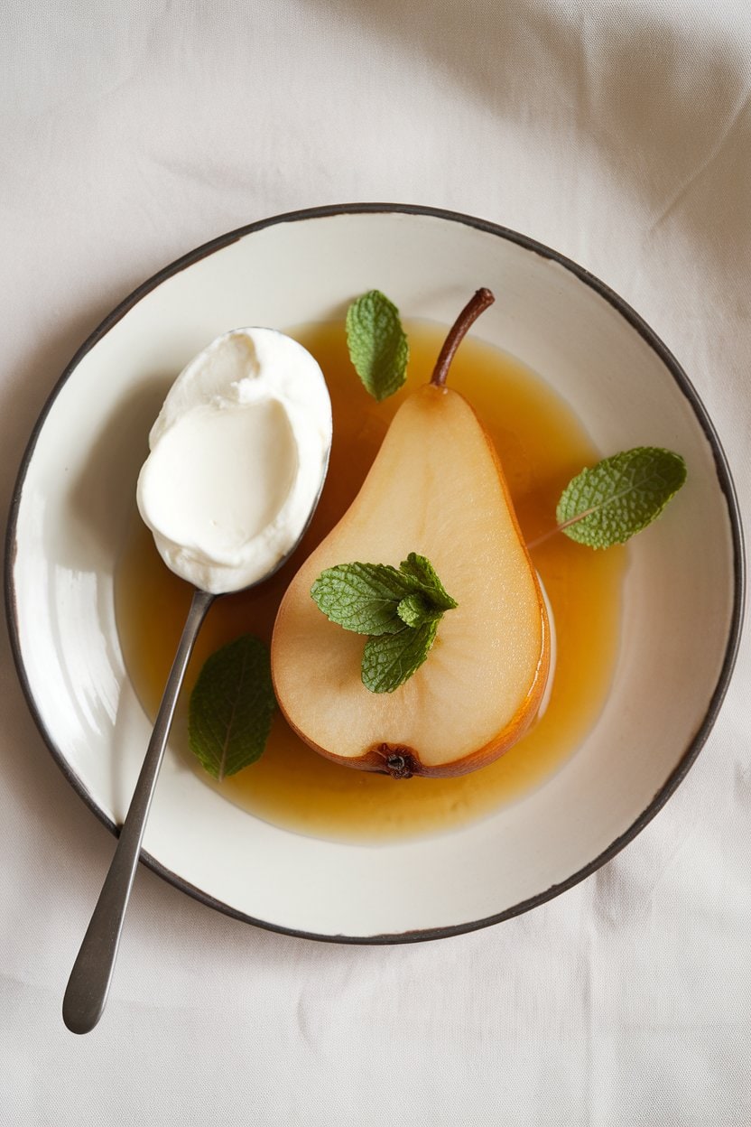 An indoor dessert plate holding half a poached pear glazed in Prosecco syrup, garnished with mint and a spoonful of mascarpone. No visible text or logos; photo.