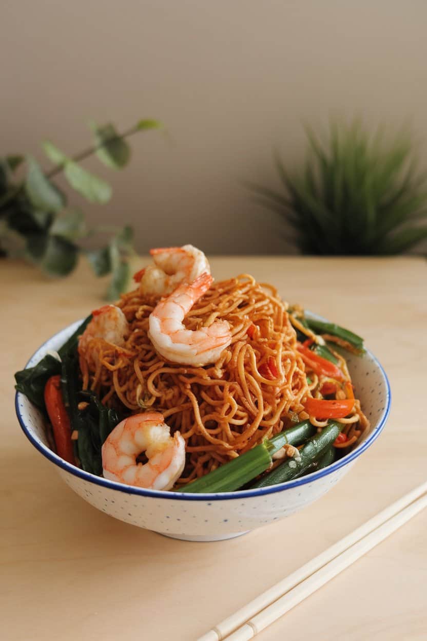 Indoor bowl with crispy noodles, sautéed vegetables, and shrimp coated in glossy sauce, chopsticks resting nearby. No text or logos.