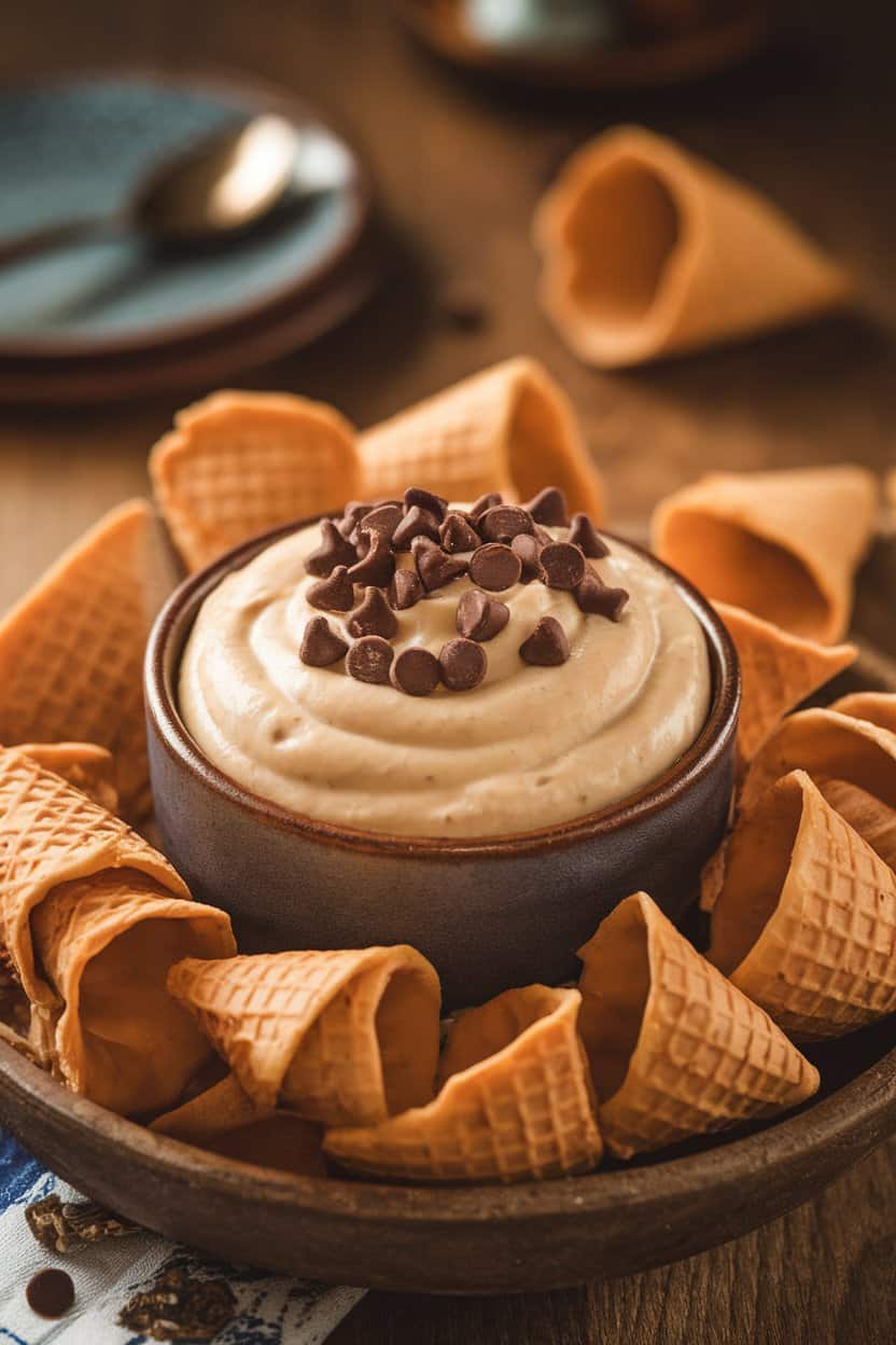 Indoor photograph of a bowl of creamy cannoli dip topped with mini chocolate chips, surrounded by broken waffle cone pieces. No text or logos in view.