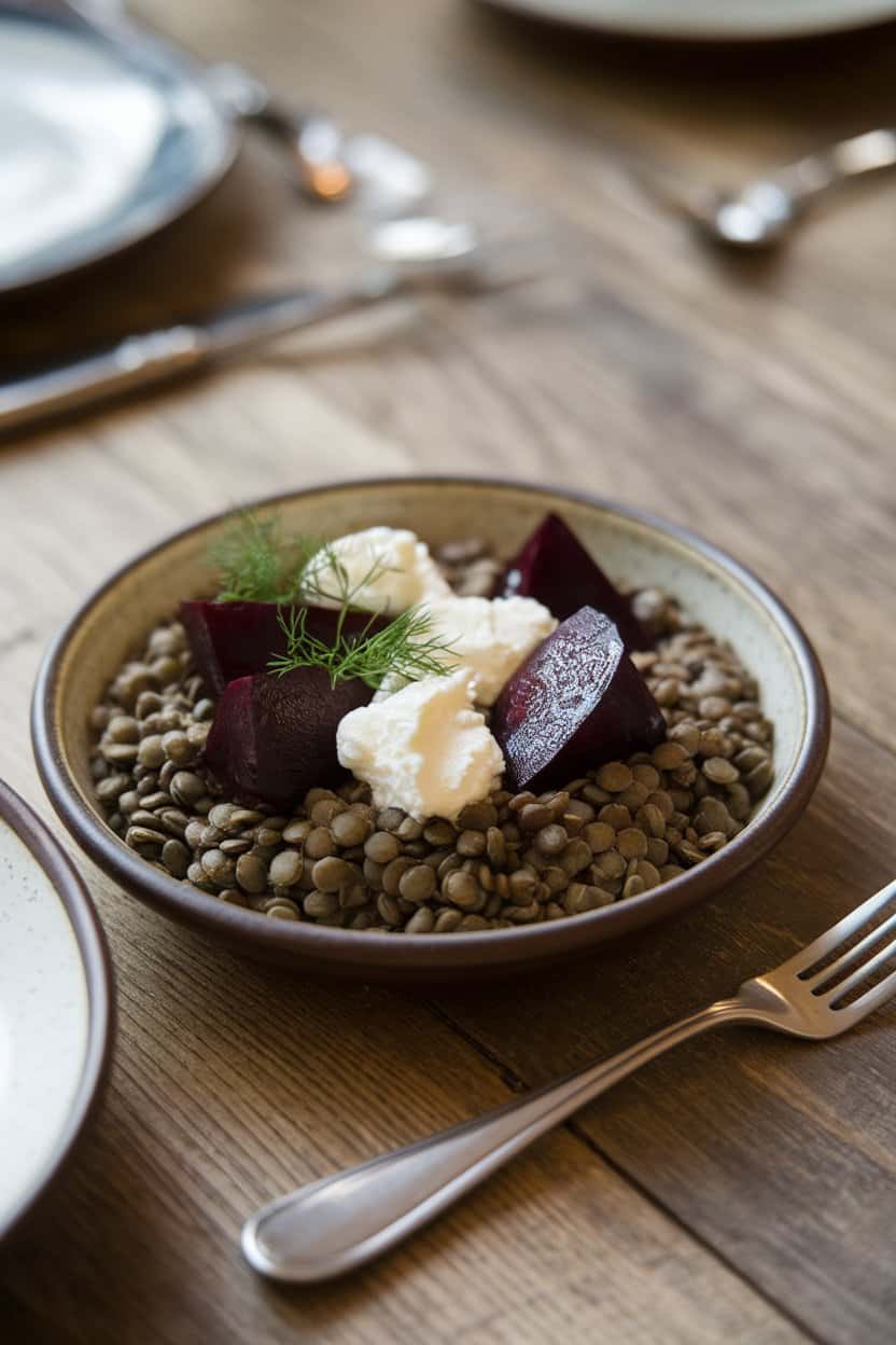 Photo of an indoor dining table with a ceramic plate showing dark green lentils, jewel-toned beet wedges, dollops of creamy goat cheese, and sprigs of dill. No text or logos present.