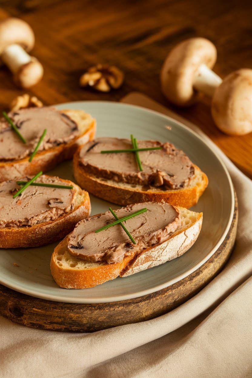 Indoor photo of toasted baguette slices topped with smooth mushroom walnut pâté and a sprinkle of chives on a rustic board. No text or logos.