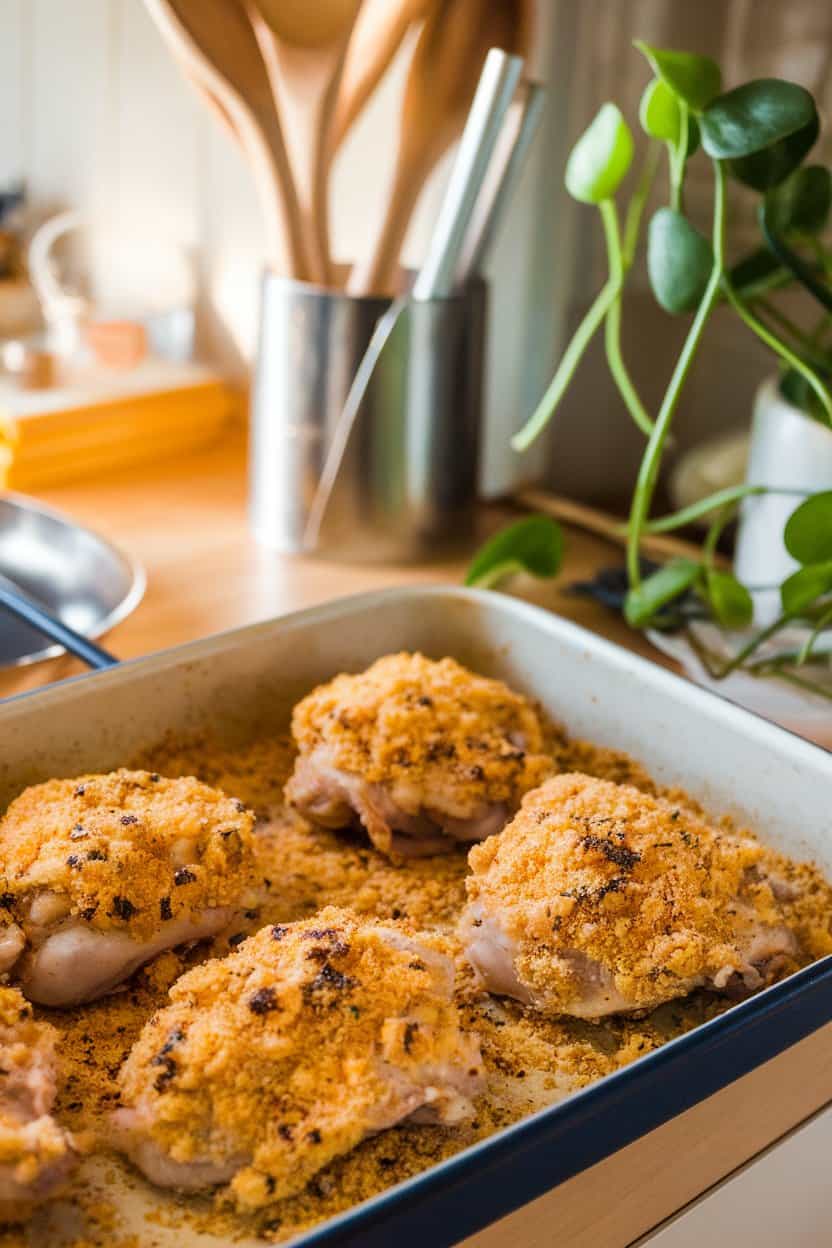 Indoor counter with a baking dish of chicken thighs coated in a golden garlic-Parmesan crust, crumbs scattered around. No branding, photograph only.