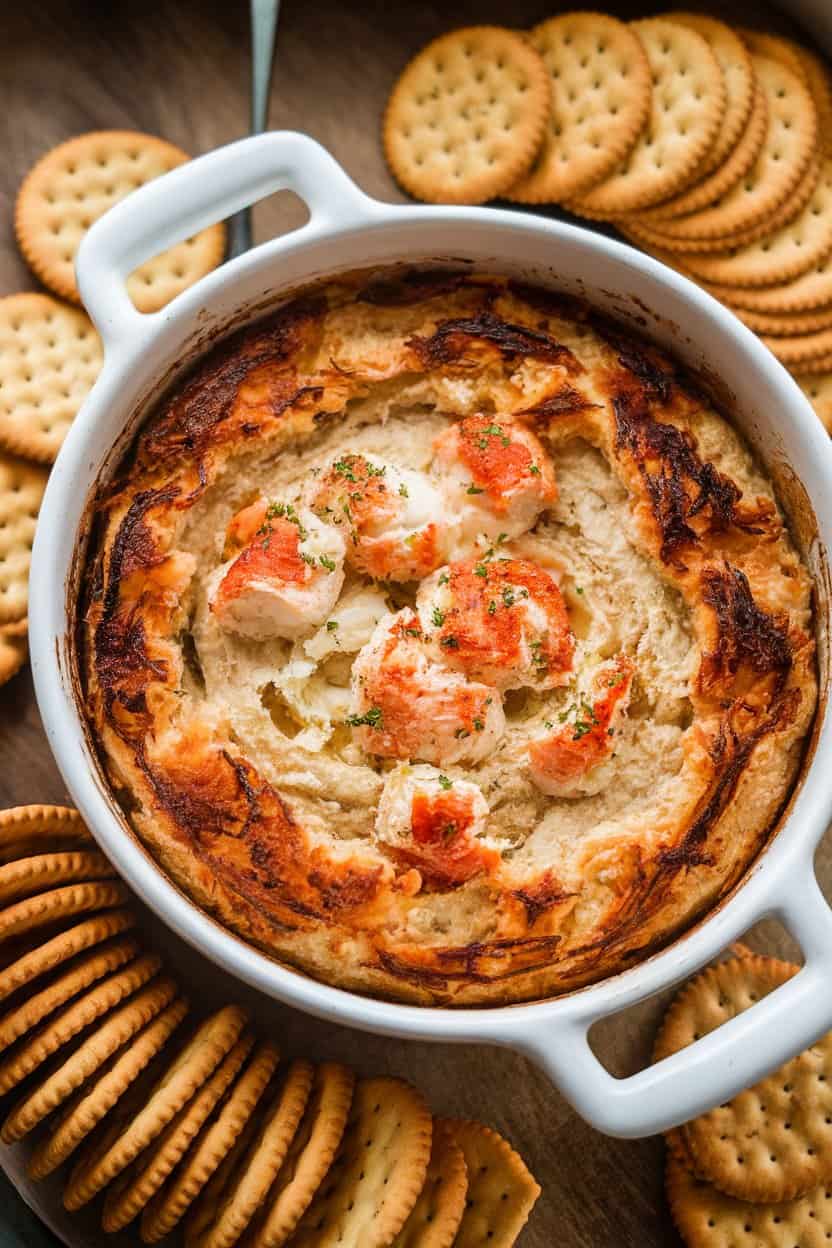 A small indoor casserole dish filled with bubbling, browned Cajun crab dip, crackers arranged alongside, no text or logos.