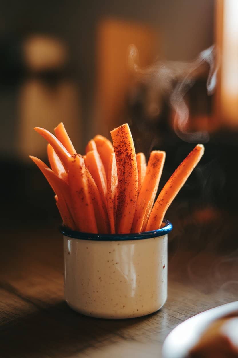 Indoor photo of thin carrot fries dusted with harissa spice piled in a small enamel cup, subtle steam visible; cozy kitchen lighting, no text or logos.