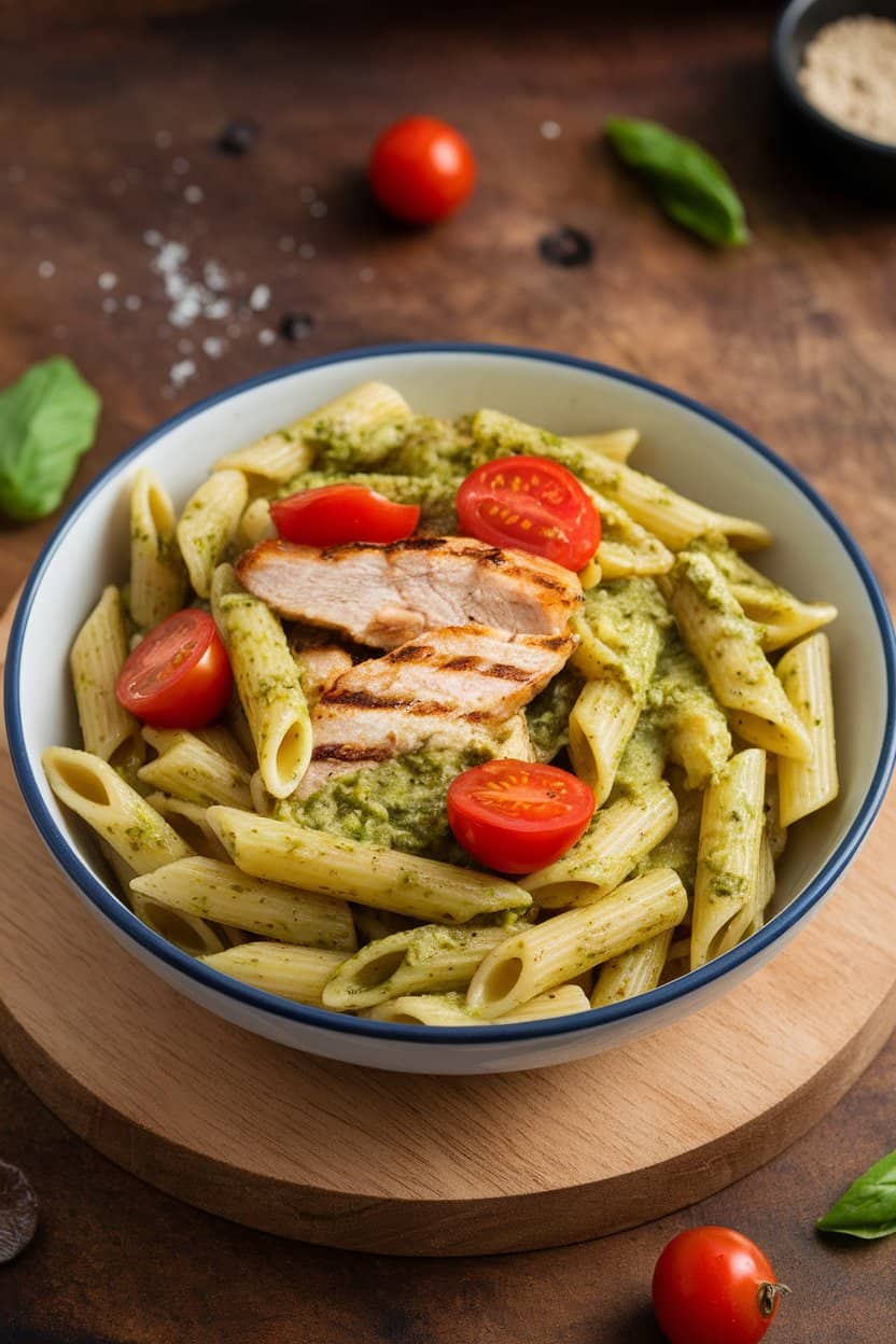 Indoor bowl of penne tossed with pesto, grilled chicken strips, and cherry tomatoes, no text or logos.