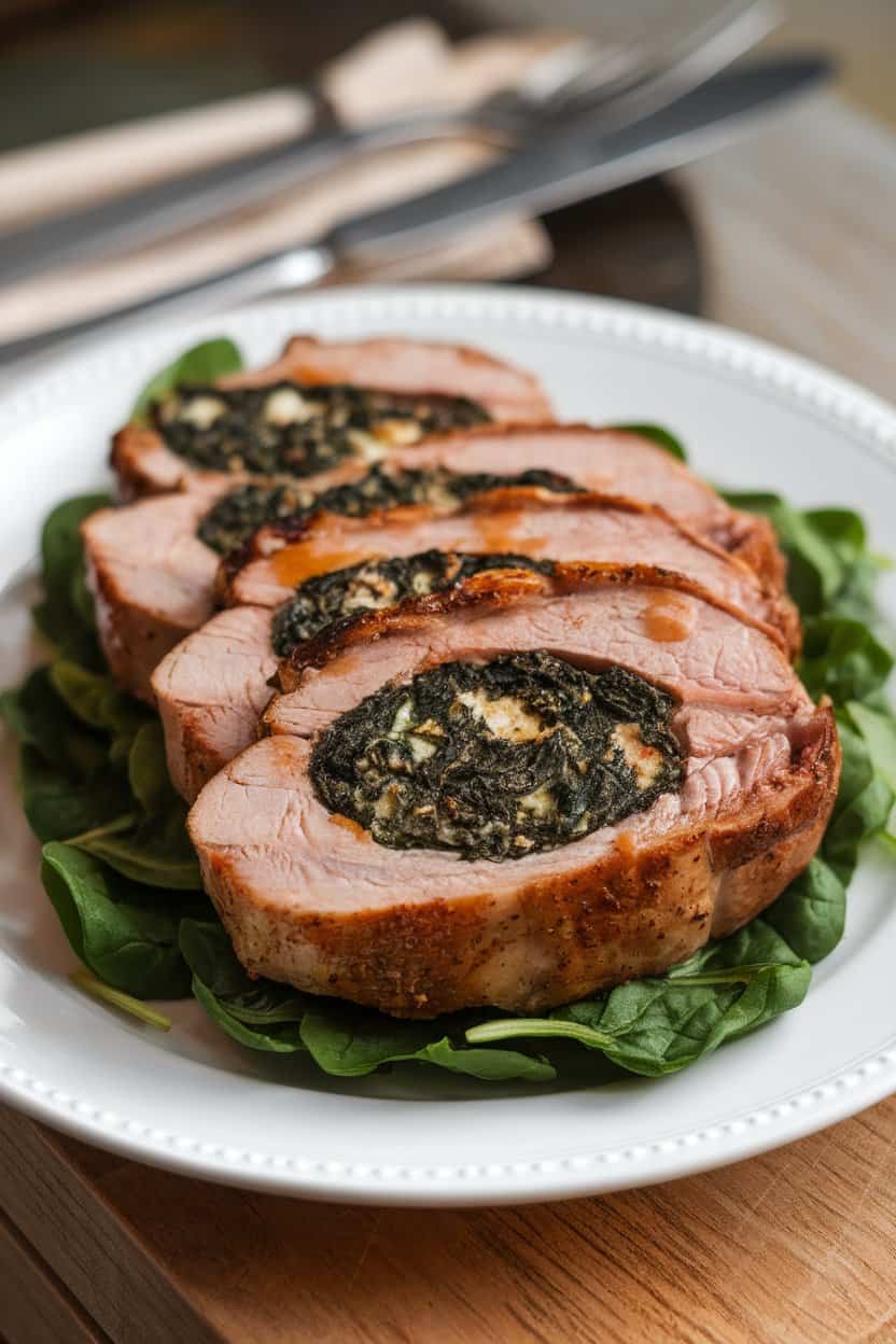 A white plate holding a sliced, cooked pork chop revealing a spinach-feta filling, indoor dining setup, no text or logos. Photo only.