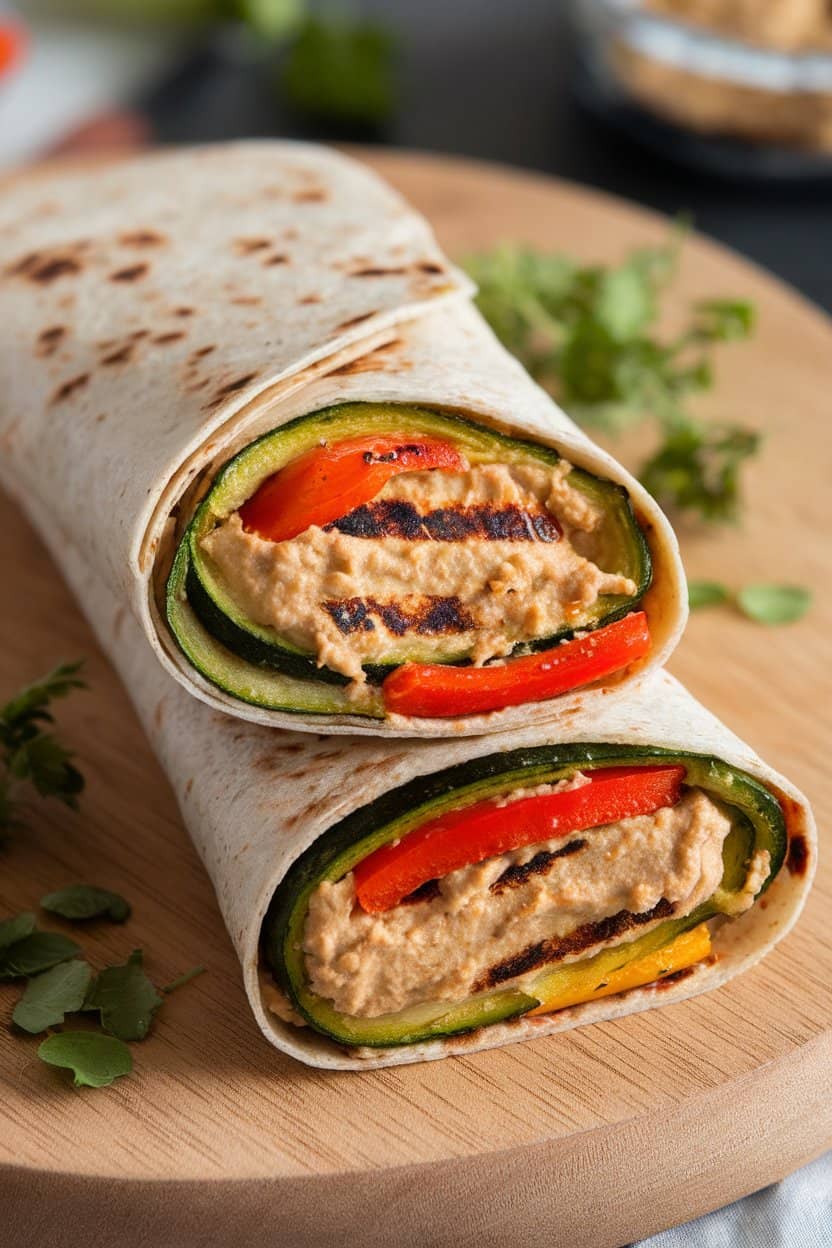 An indoor counter showcasing a whole-grain wrap filled with grilled zucchini, bell peppers, and hummus, cut diagonally. No text or logos. Photo only.