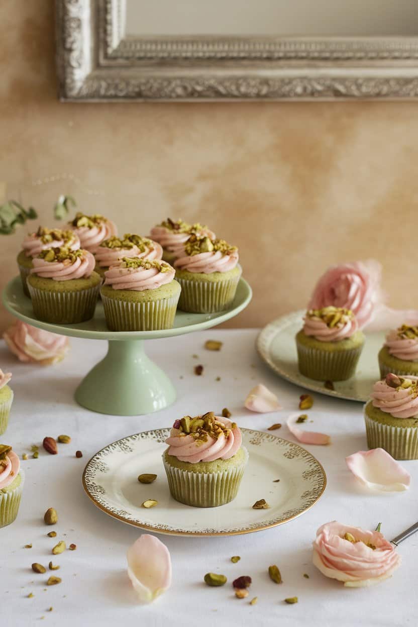 An indoor elegant setting with pale green pistachio cupcakes topped with rosewater frosting and chopped pistachios. No text or logos.