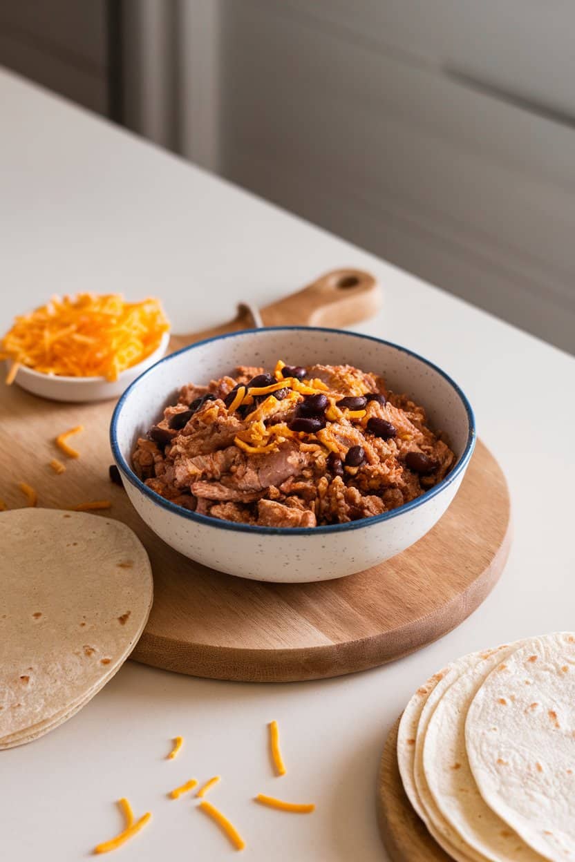 An indoor counter with a bowl of seasoned turkey and black bean mixture ready for burritos, shredded cheese and tortillas nearby. No text or logos.