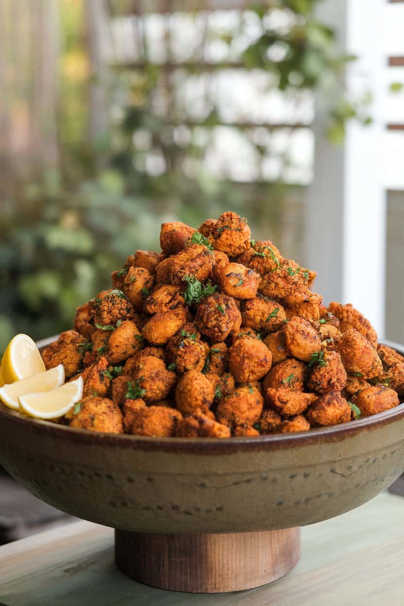 An indoor serving bowl piled high with crispy Cajun-spiced chicken bites, lemon wedges on the side. No logos.