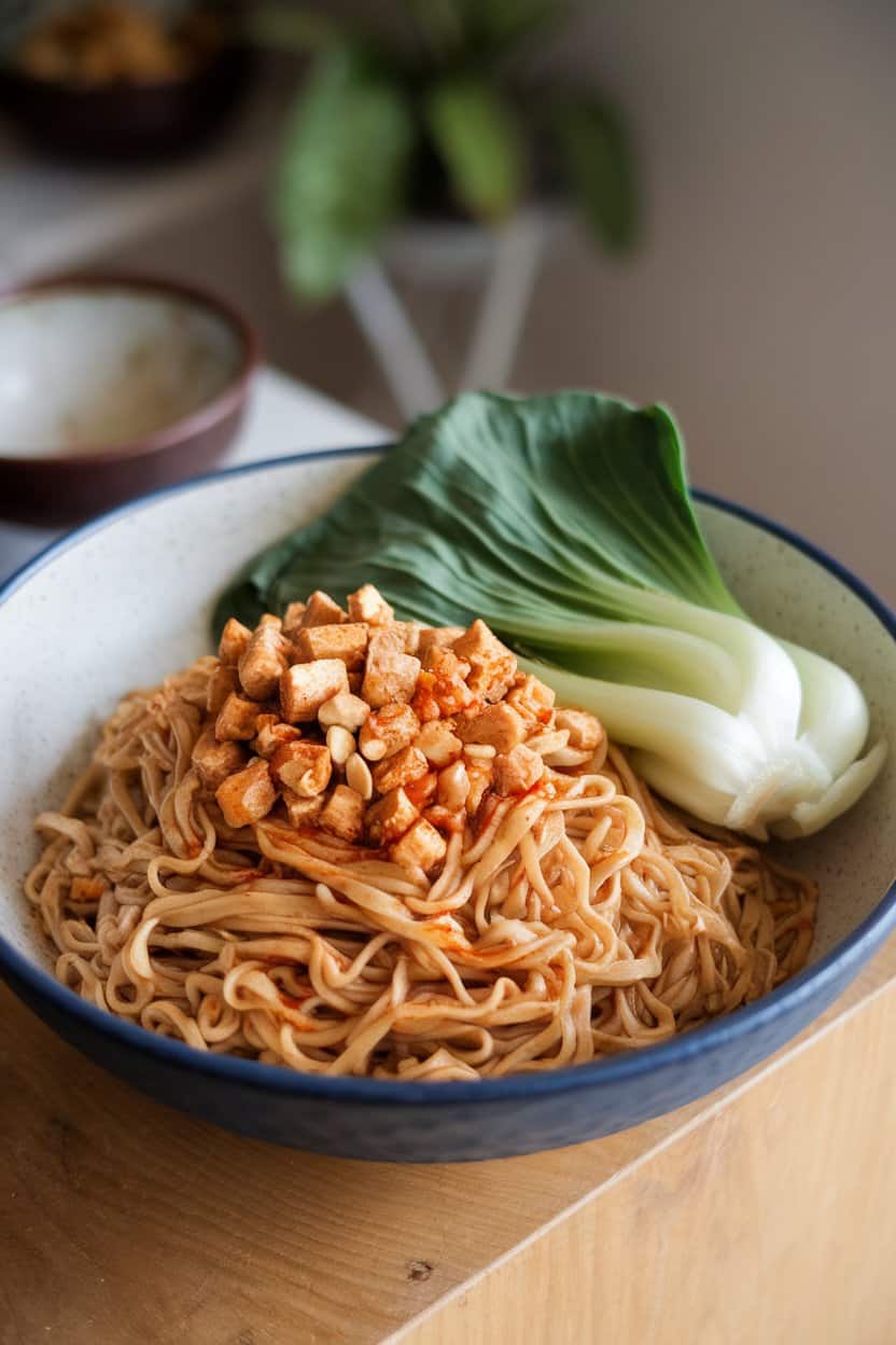 Indoor bowl featuring noodles with chili oil, crumbled tofu, and bok choy, peanuts sprinkled, no text or logos.