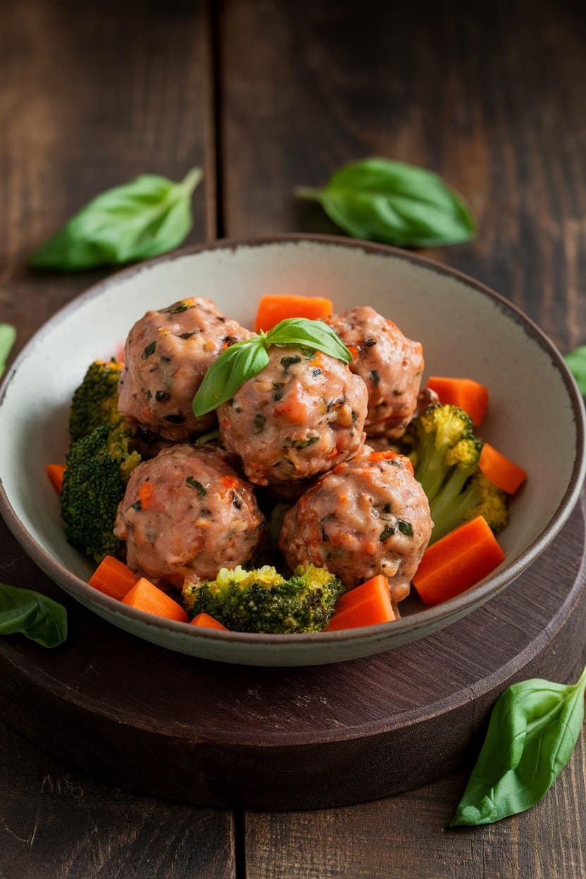 An indoor dining scene featuring a shallow bowl of cooked turkey meatballs coated in a light soy-chili glaze, garnished with fresh basil leaves. No logos or text on dishware.