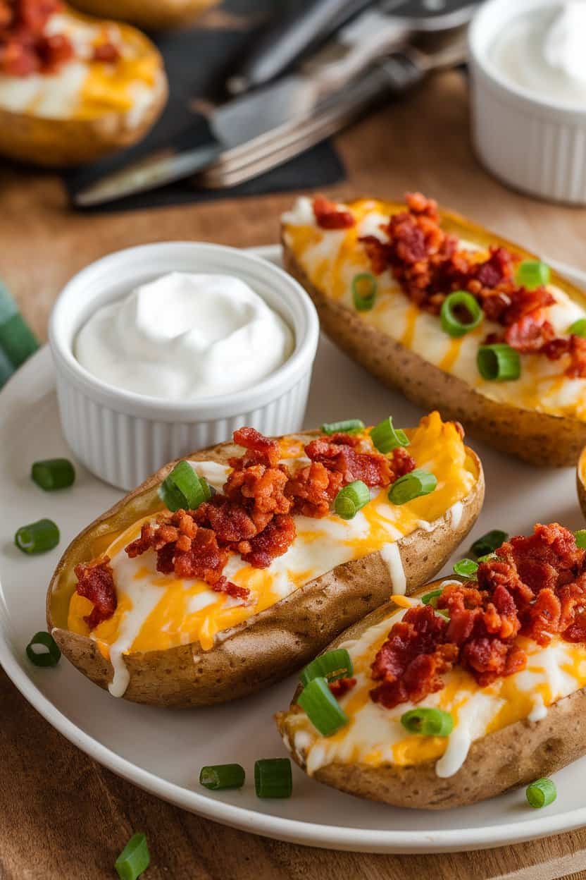 Indoor serving platter of golden potato skins filled with melted cheese, bacon crumbles, and green onions, small ramekin of sour cream nearby, no branding.