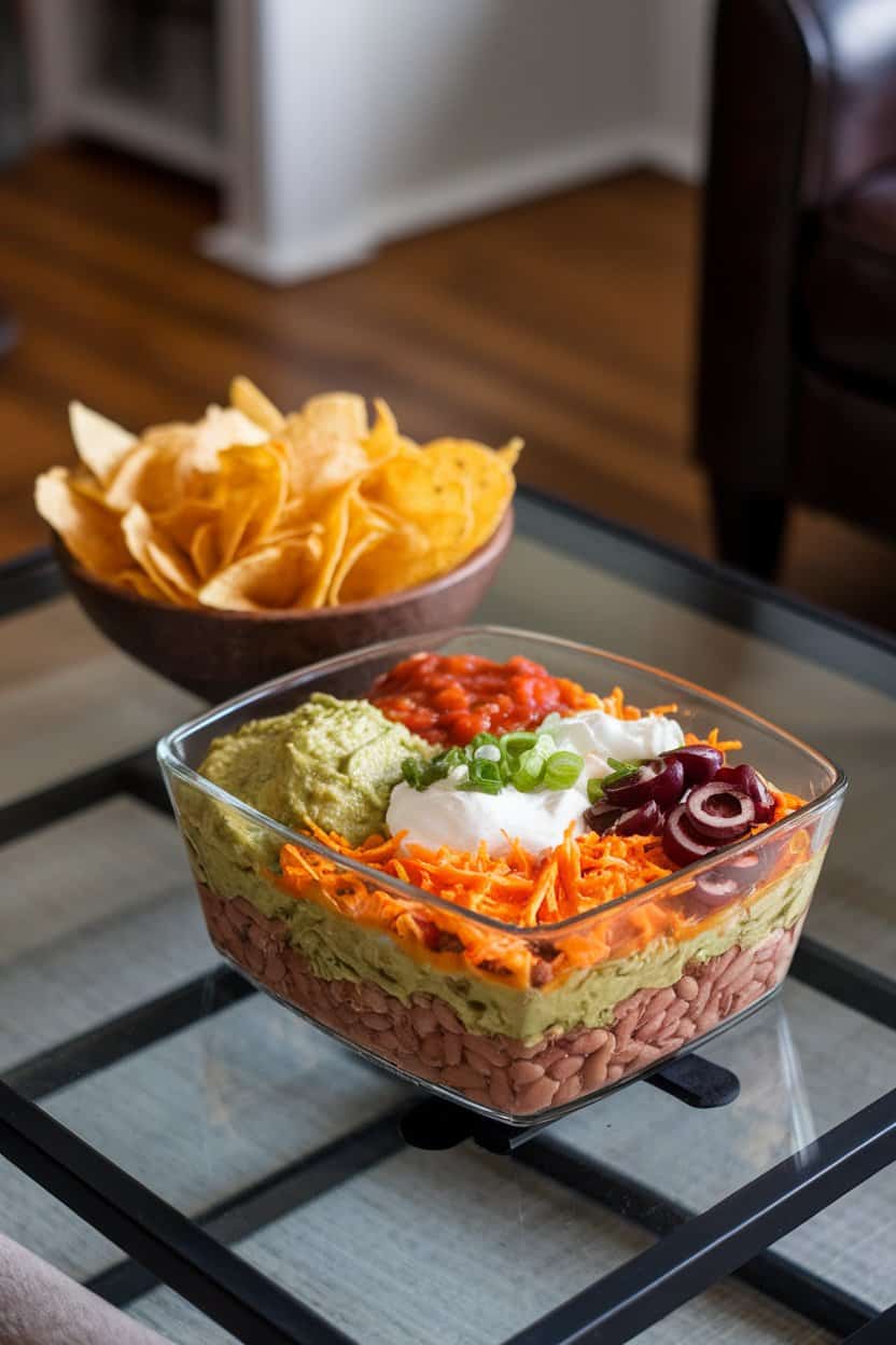 Indoor coffee table scene with a clear glass dish showing colorful layers of refried beans, guacamole, sour cream, salsa, cheese, olives, and green onions; tortilla chips nearby; no text or logos.