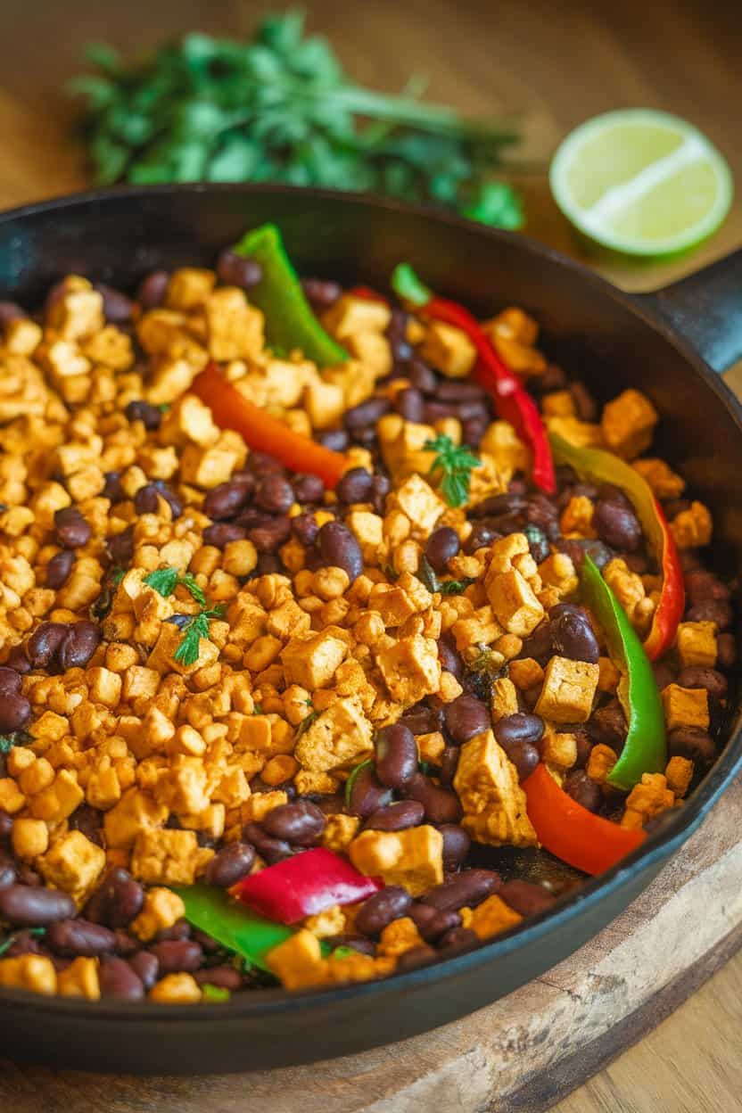 Indoor photo of a skillet filled with golden crumbled tofu, black beans, and colorful bell peppers; no text or logos