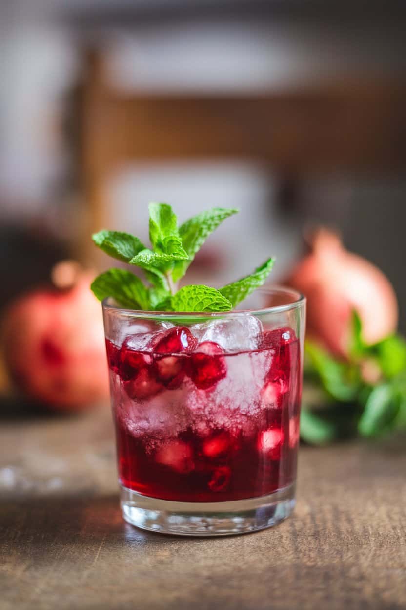 Indoor photo of a rocks glass with ruby pomegranate juice, crushed ice, and bright mint leaves pressed against the glass; no text or logos.