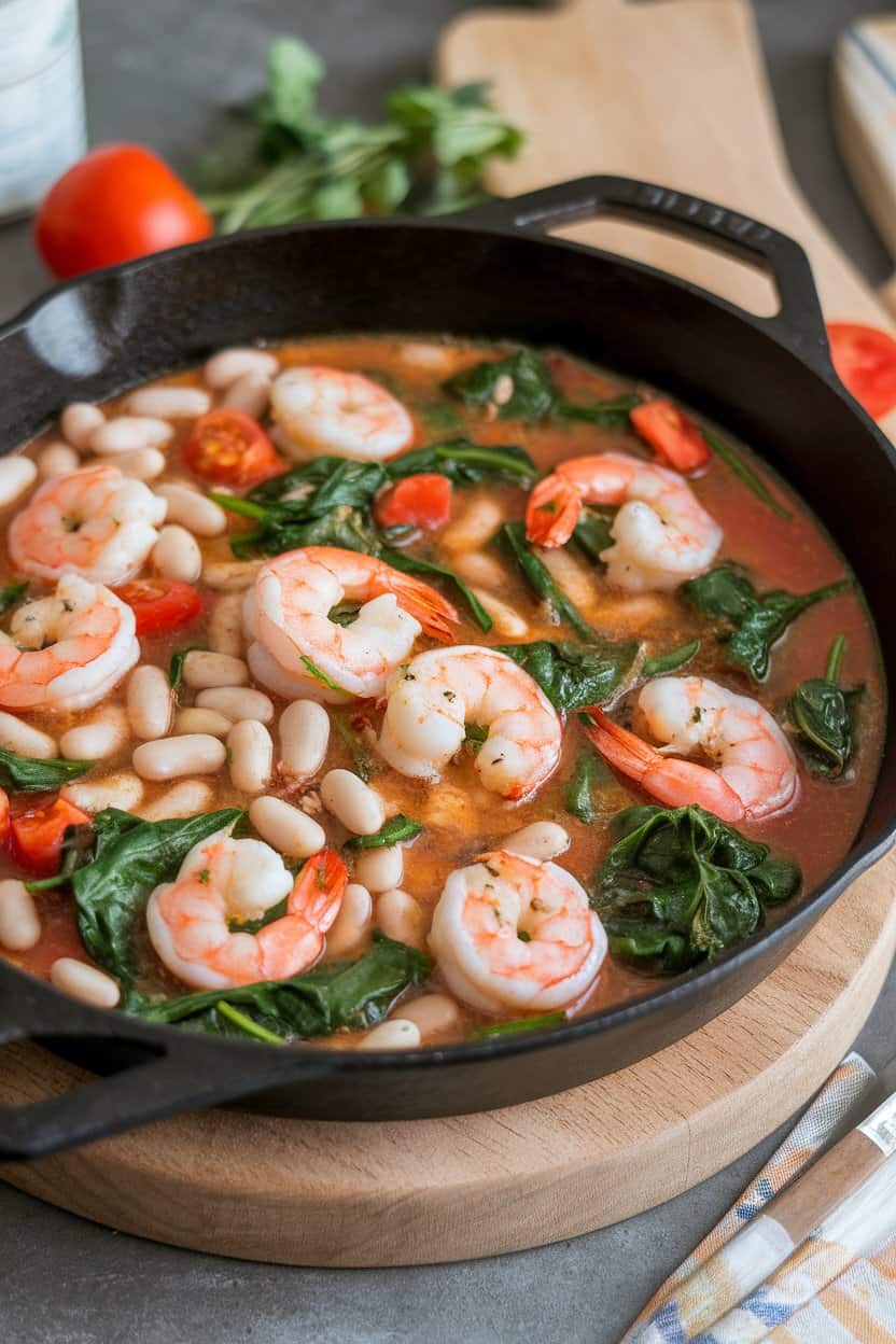 Indoor cast-iron skillet of shrimp, white beans, and wilted spinach in a light tomato broth. No text or logos present.