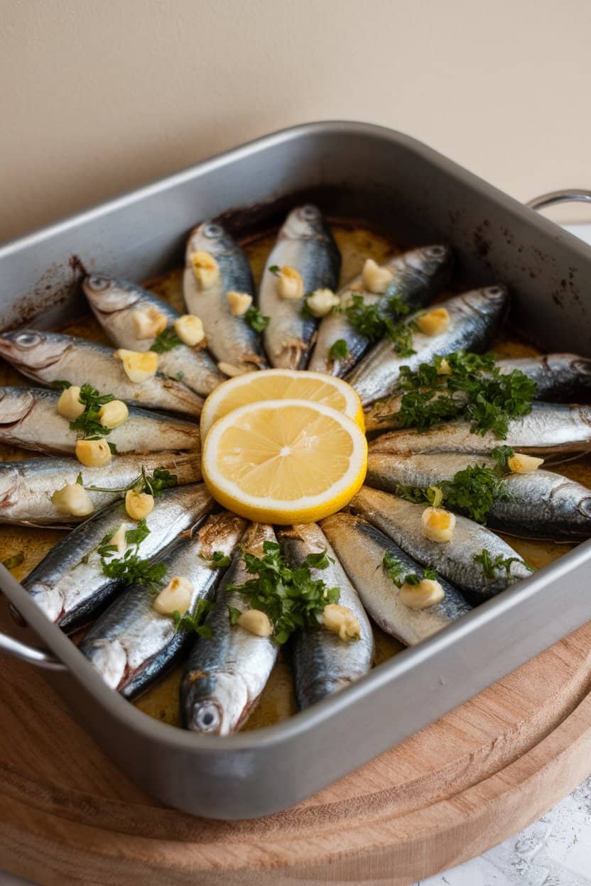Indoor baking dish with cooked whole sardines topped with chopped parsley, garlic, and lemon slices, no text or logos.