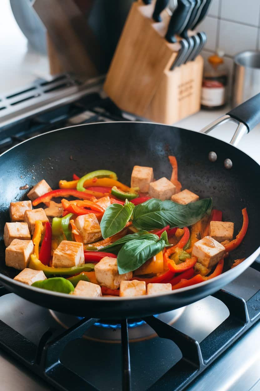 A wok on an indoor stove filled with tofu cubes, colorful bell peppers, and fresh Thai basil leaves glossed with sauce, no text or logos.