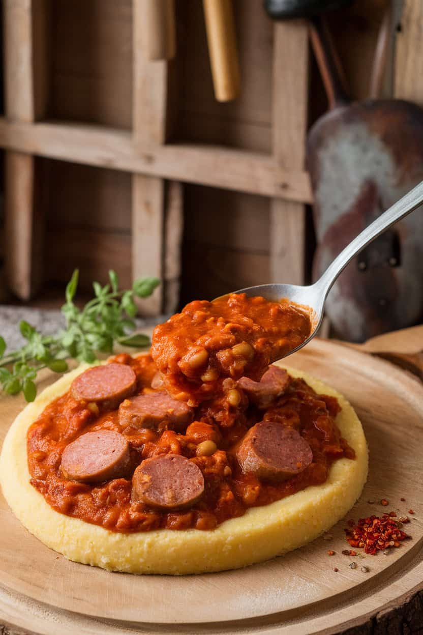 Indoor photo of a hearty ragù spooned over polenta, visible slices of sausage and white beans—no logos