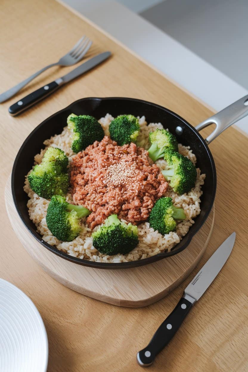 An indoor dining table showing a skillet of fluffy brown rice, ground turkey, and bright green broccoli florets, sprinkled with sesame seeds. No logos or text.