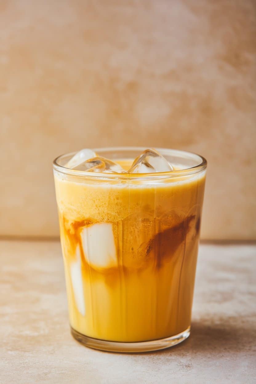 Indoor photo of a short glass filled with chilled golden milk, ice cubes floating in a vibrant yellow liquid; no text or logos.