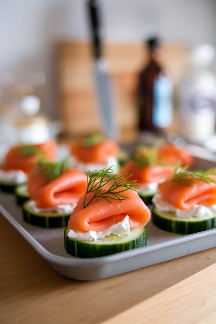 Indoor serving tray featuring cucumber slices topped with folded strips of cooked smoked salmon, a dab of light cream cheese, and fresh dill. Photo, no text or logos.