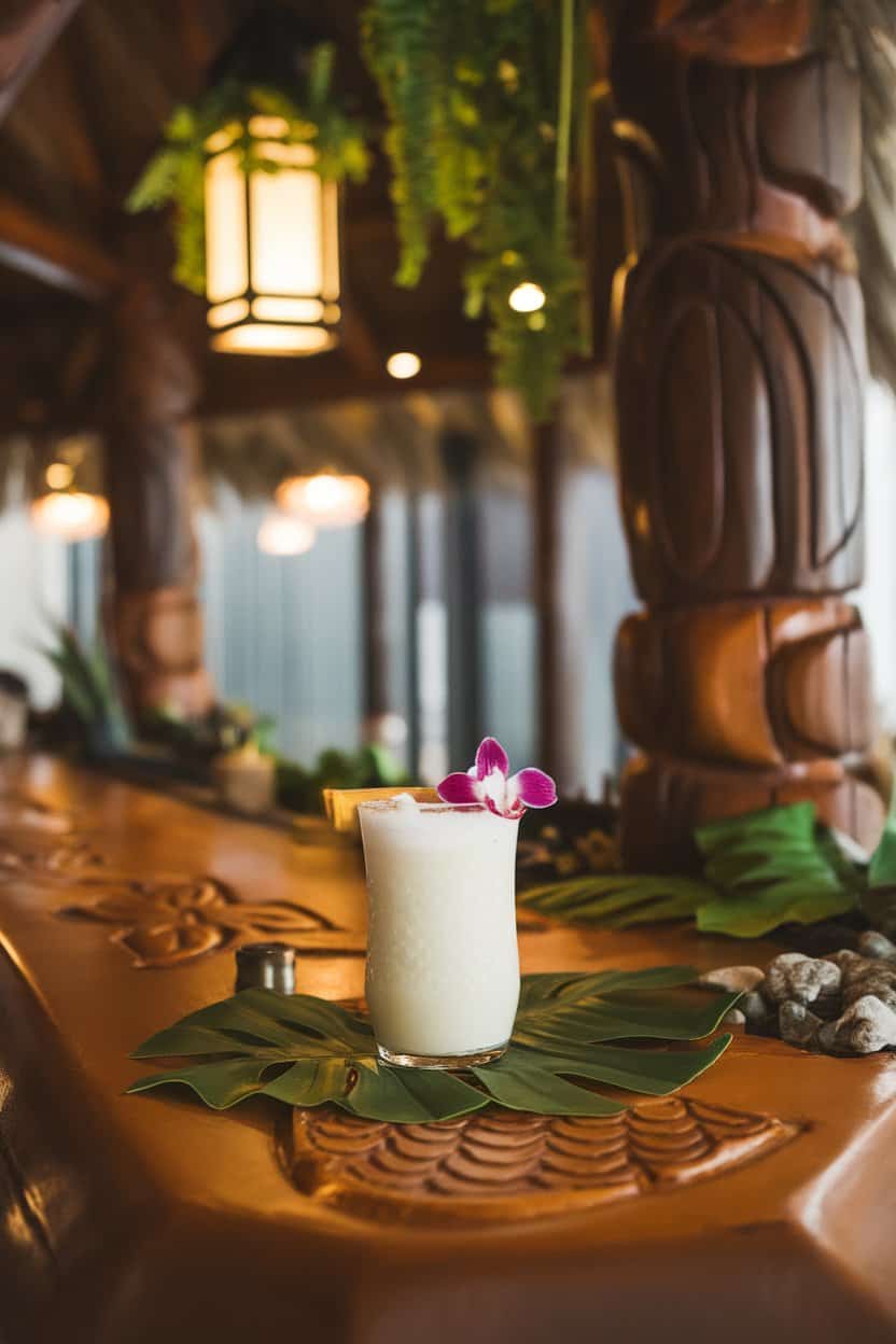 Photo of an indoor tiki-style bar top featuring a short tumbler of milky white coconut-lychee mocktail, edible orchid garnish, ambient warm light; no text or logos.