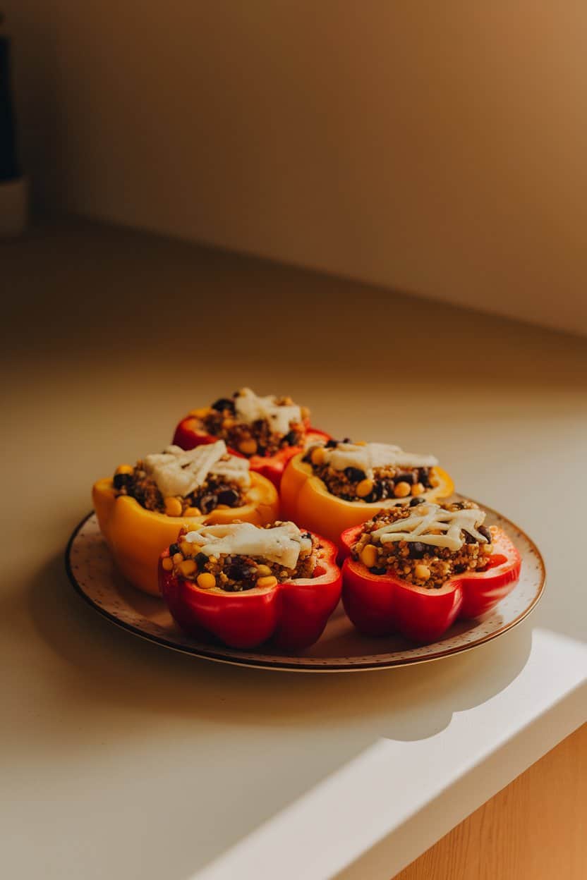 A warmly lit indoor countertop featuring halved red and yellow bell peppers filled with colorful cooked quinoa, black beans, and corn, cheese lightly melted on top. No text or logos visible.