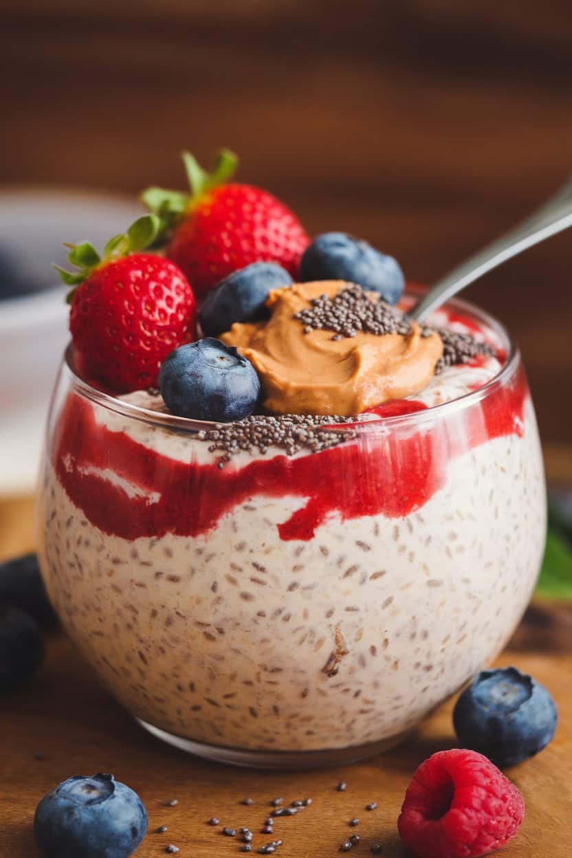 Indoor photo of oats marbled with strawberry jam and topped with a spoonful of peanut butter, no text or logos.