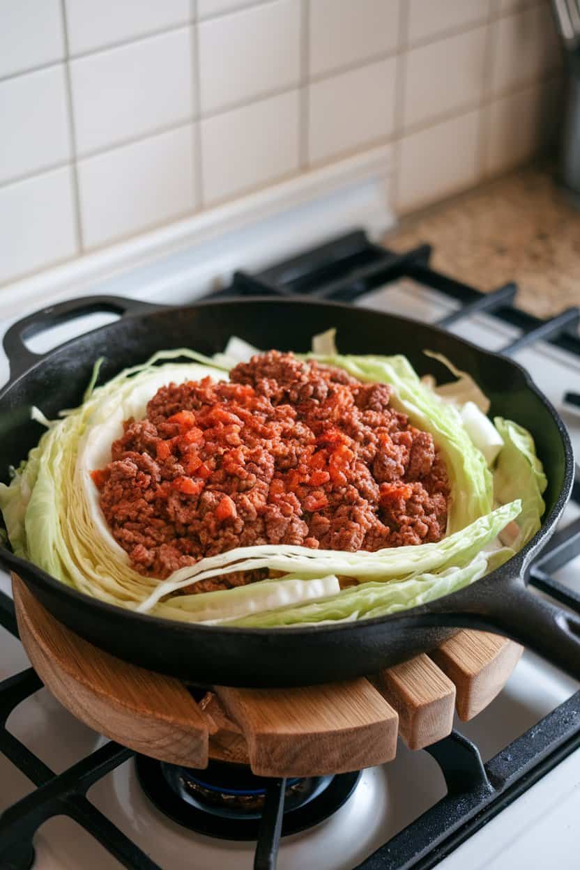 A stovetop cast-iron skillet filled with sautéed cabbage ribbons and ground beef seasoned with paprika, set on an indoor trivet. No text or logos.