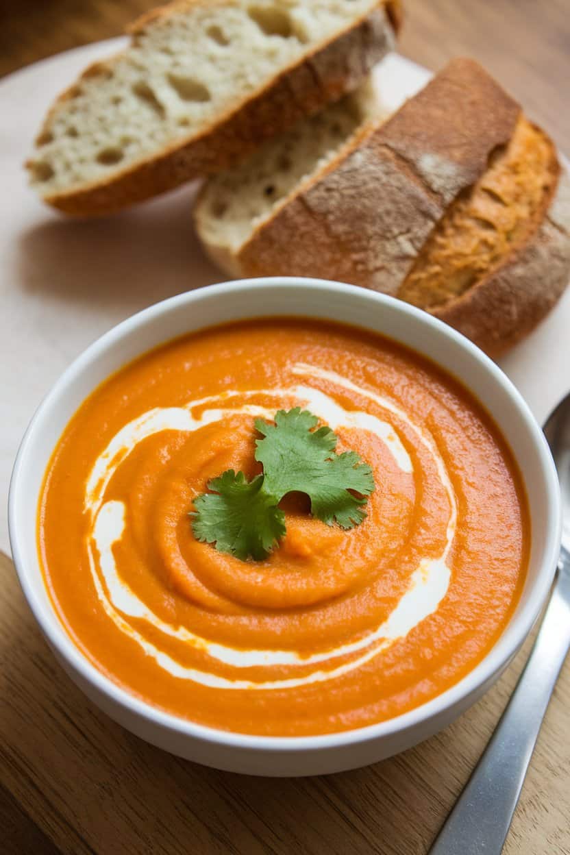 Indoor photo of a bowl of smooth orange carrot ginger soup, swirled with coconut milk; no text or logos