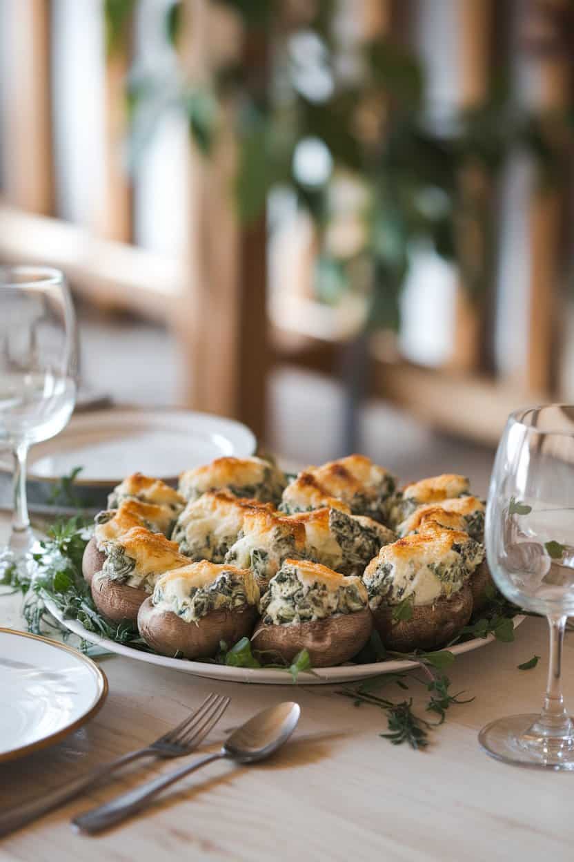 A softly lit indoor dining table showing a platter of baked mushroom caps overflowing with creamy spinach-artichoke filling, cheese lightly browned on top. No text or logos. Photo only.