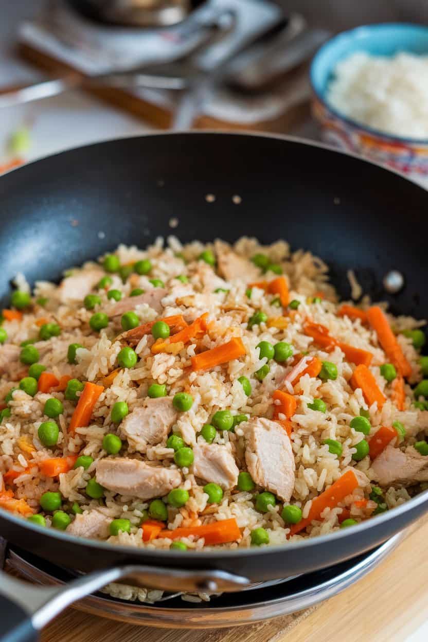 Indoor wok filled with chicken fried rice, peas and carrots dotted throughout, no text or logos.