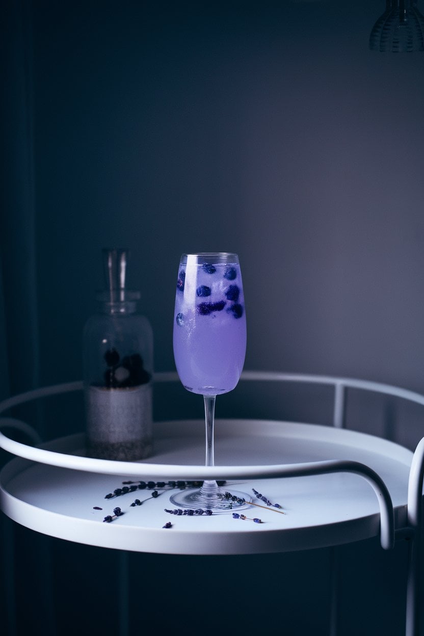Photo of an indoor kitchen bar cart displaying a flute of violet-hued blueberry mocktail, tiny lavender buds scattered around base, soft dusk lighting; no text or logos.