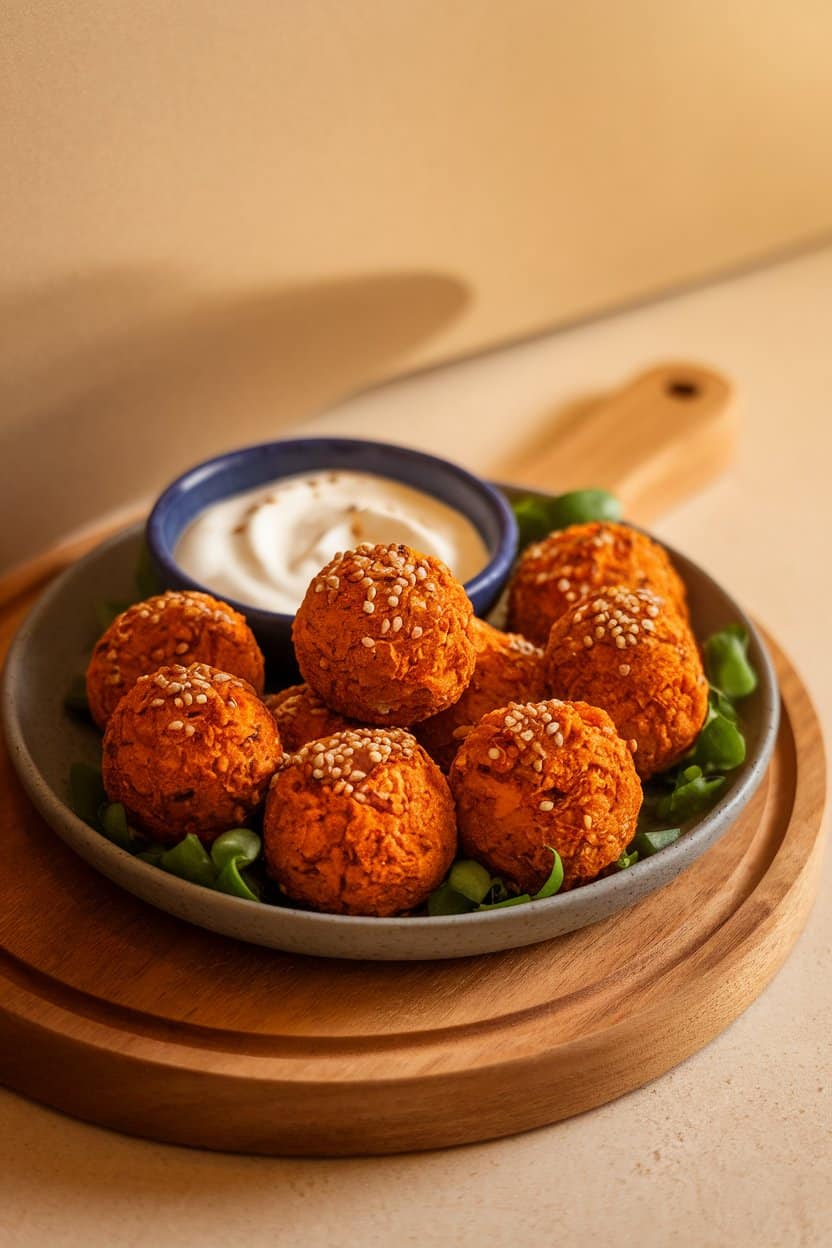 Photo of a plate of baked sweet potato falafel balls garnished with sesame seeds, accompanied by a small bowl of yogurt dip, indoor lighting, no text or logos.