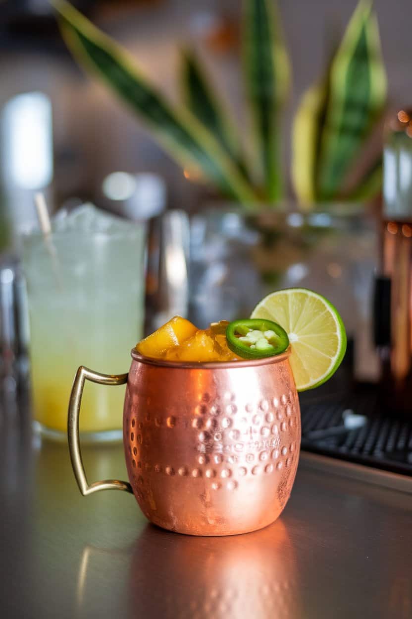 Indoor bar top with a copper mug of bright orange Mango Mezcal Mule, lime wheel and jalapeño slice; photo, no text or logos.