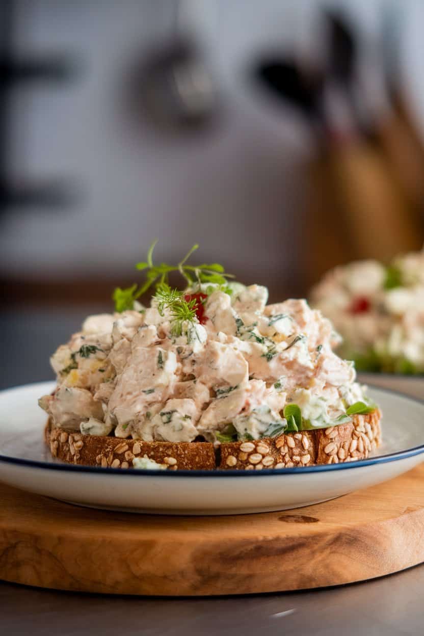 Indoor photo of creamy chicken salad with visible goat cheese crumbles and mixed fresh herbs, served on multigrain toast, soft kitchen lighting—no text or logos