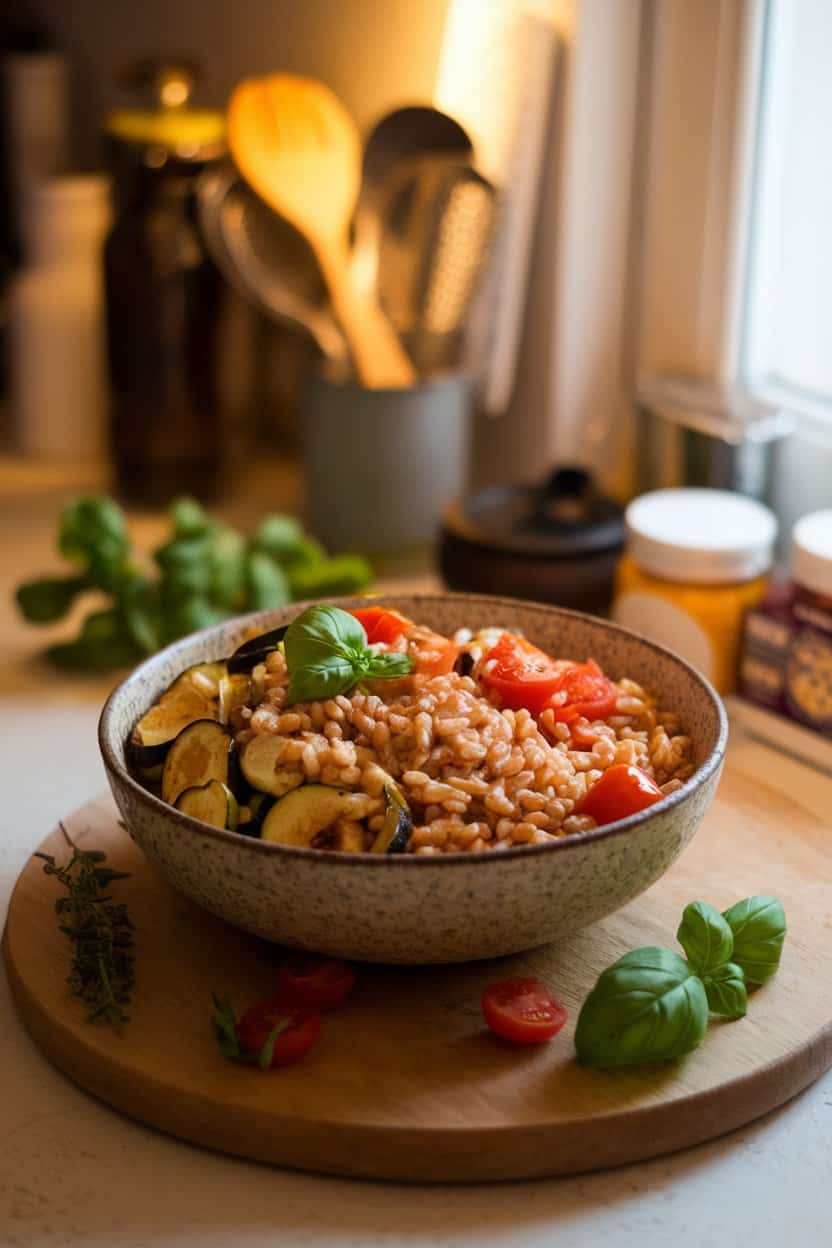 Photo of a warmly lit indoor counter with a rustic bowl of cooked farro, roasted zucchini and bell pepper, cherry tomatoes, and fresh basil ribbons. No text or logos visible.