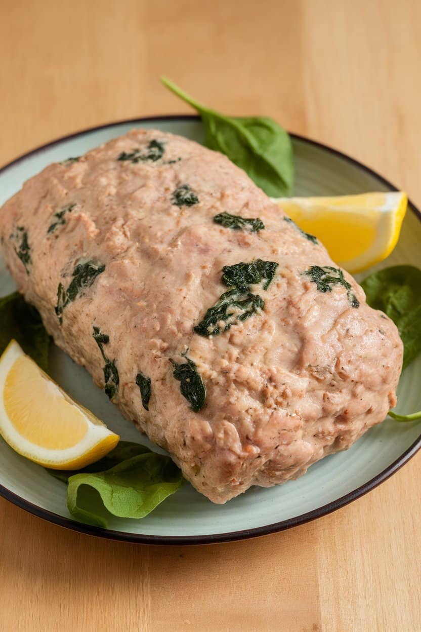 Indoor plate featuring a light-colored turkey meatloaf studded with green spinach flecks, garnished with lemon wedges. No text or logos present. Photo only.