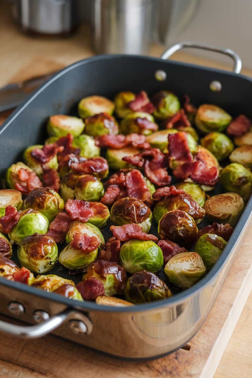 Indoor roasting pan filled with caramelized Brussels sprouts dotted with crisp bacon pieces and a sheen of maple glaze, no branding.