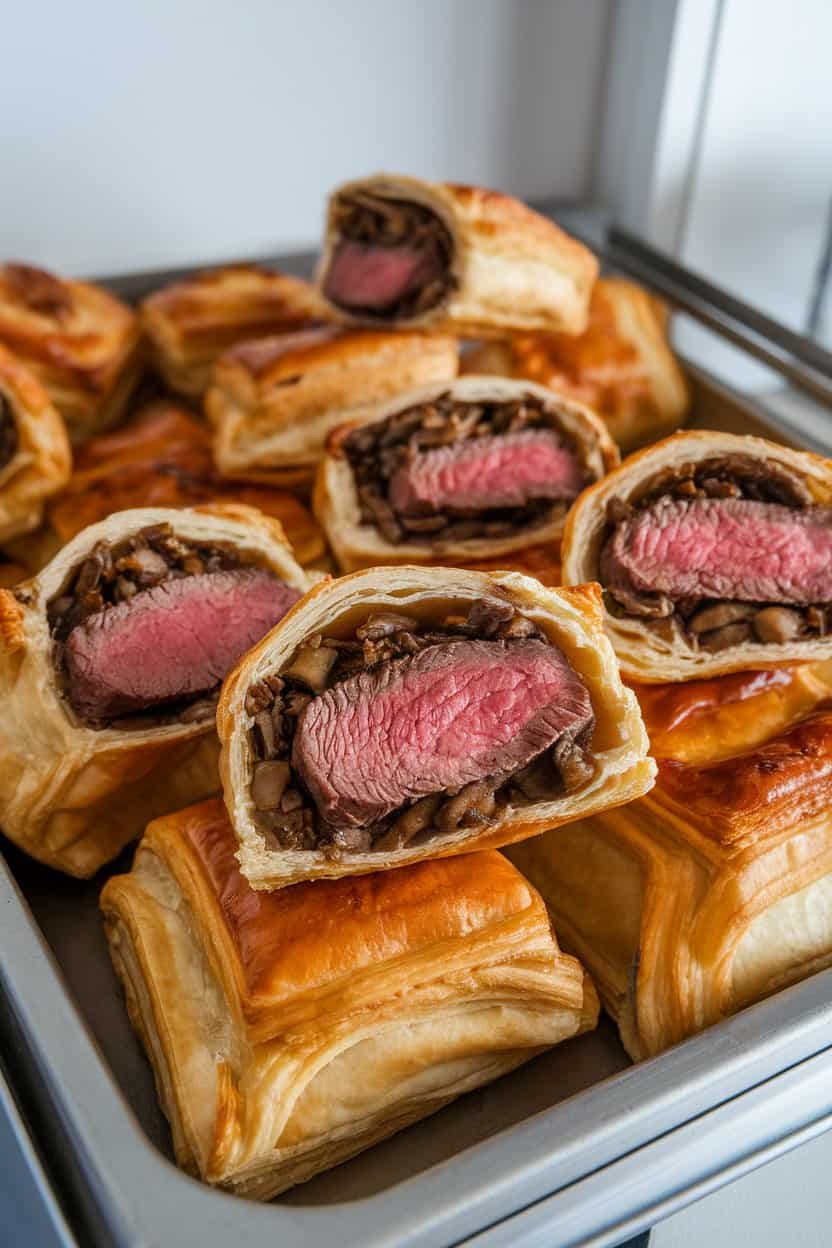 An indoor buffet tray with puff pastry parcels cut open to reveal medium-rare beef tenderloin and mushroom duxelles. No text or logos.