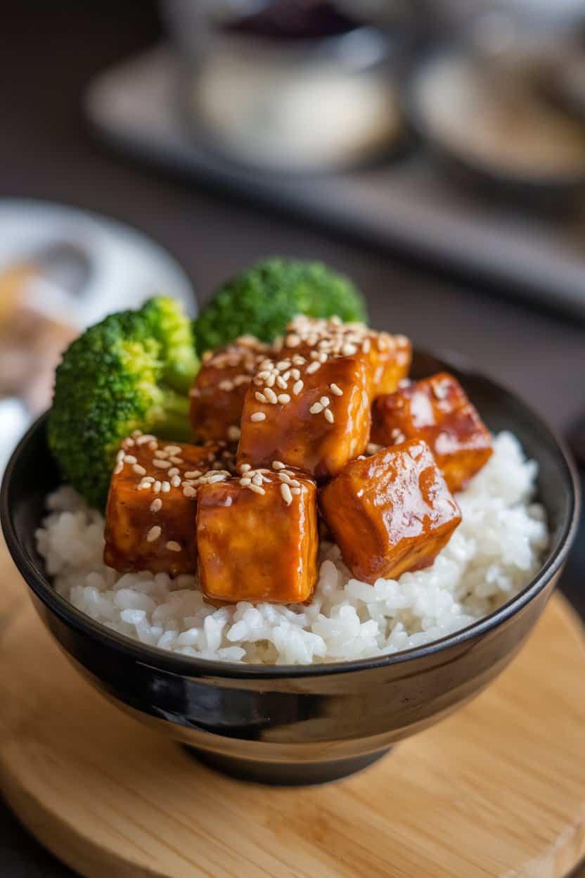 Indoor photo of a rice bowl topped with glossy teriyaki tofu cubes, steamed broccoli, and sesame seeds, no text or logos in frame.