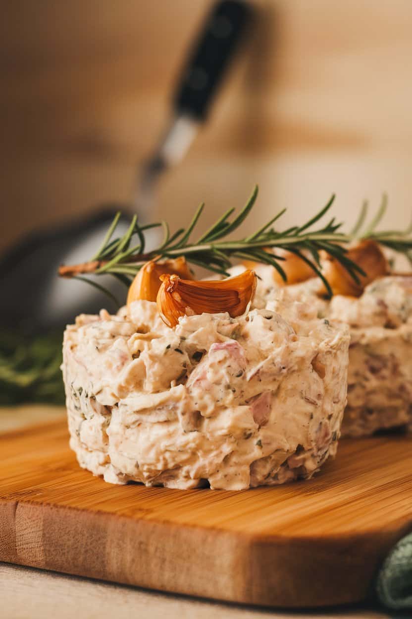 Indoor photo of creamy chicken salad flecked with roasted garlic cloves and rosemary needles, displayed on a wooden cutting board—no text or logos