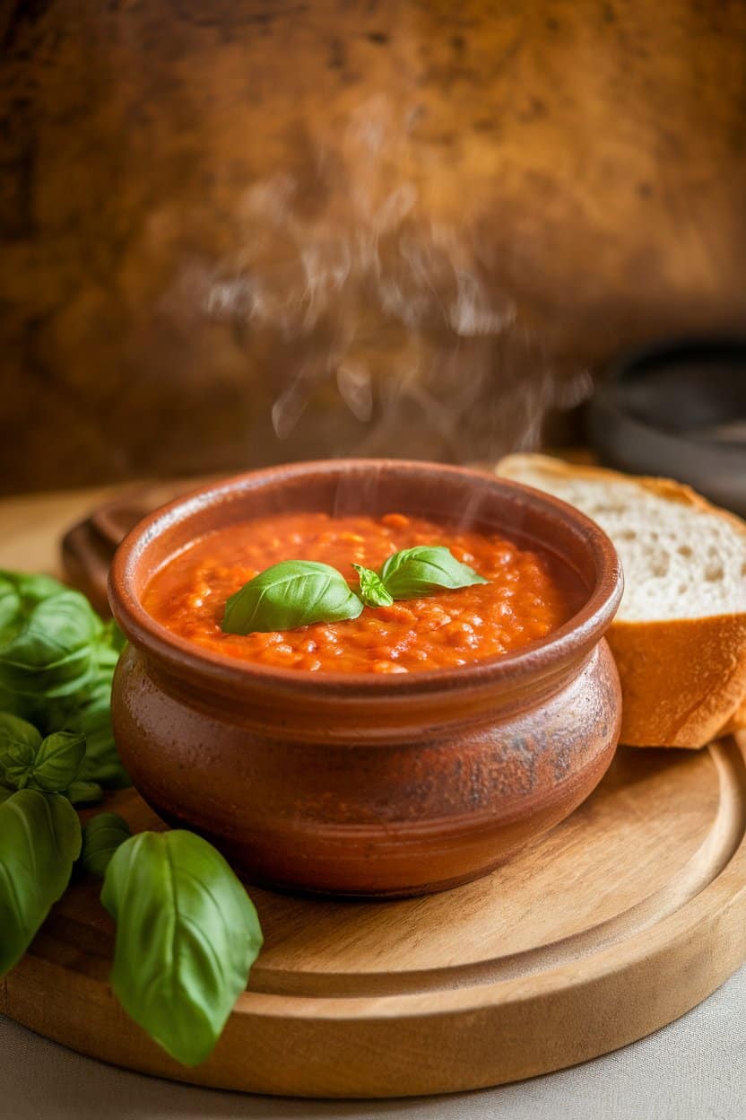 Indoor photo of a rustic ceramic bowl filled with steaming tomato lentil soup, basil leaves floating on top; side angle, no text or logos